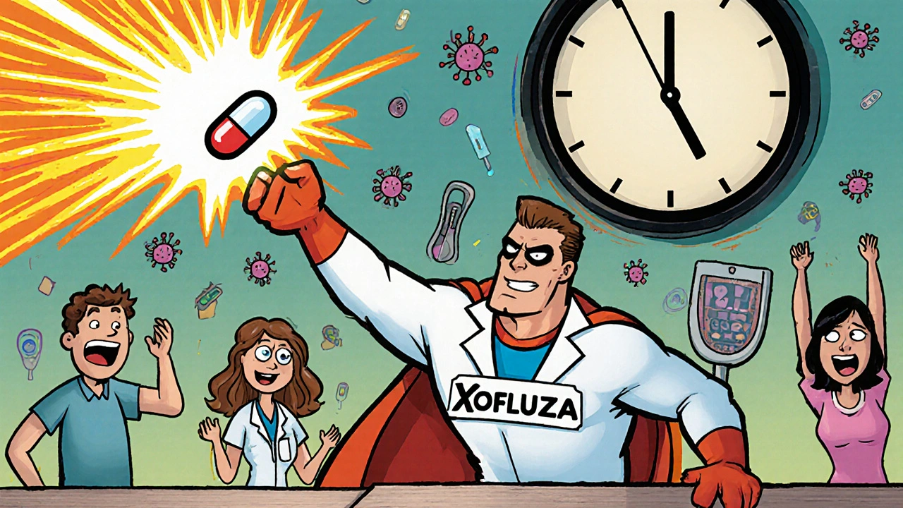 A superhero in a lab coat throws a single pill that blocks flu germs.
