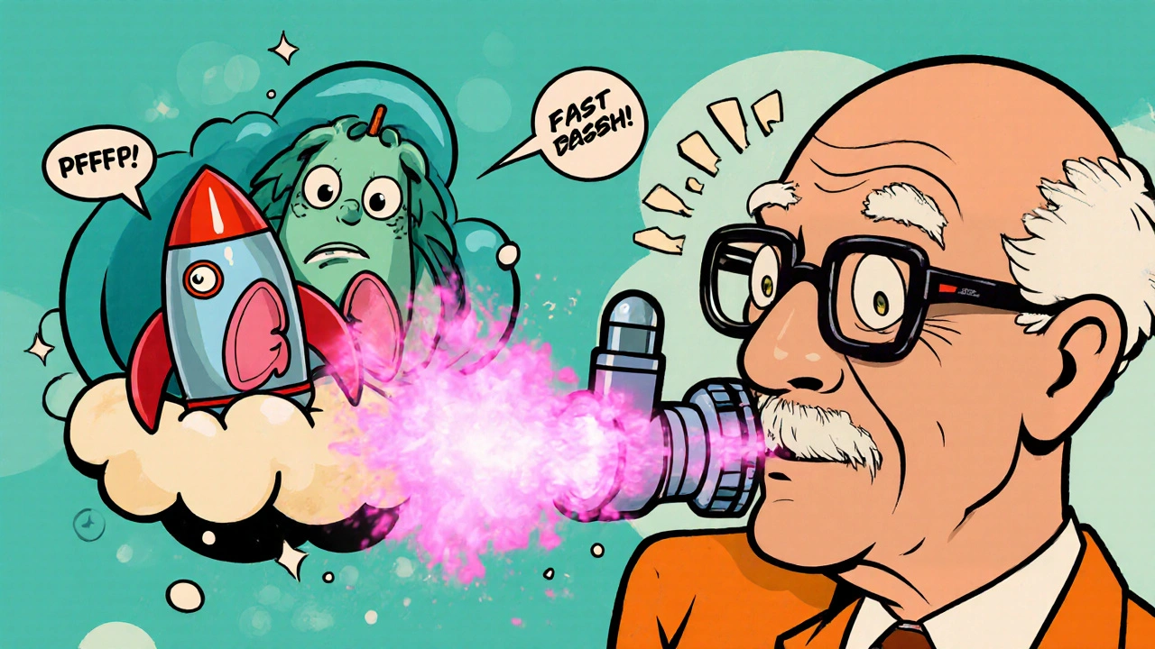 An elderly man using a rocket-shaped inhaler to fight flu with pink mist.
