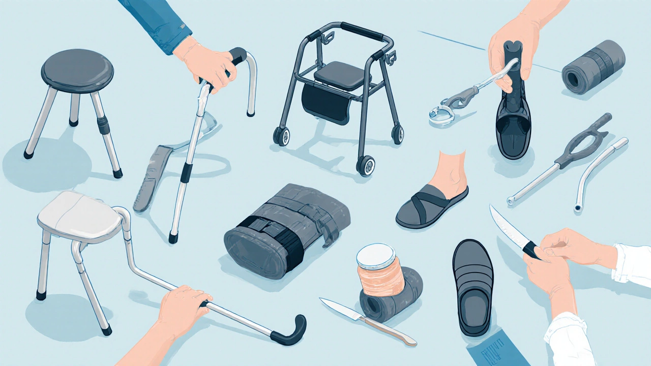 Assortment of OA assistive devices displayed on a table.