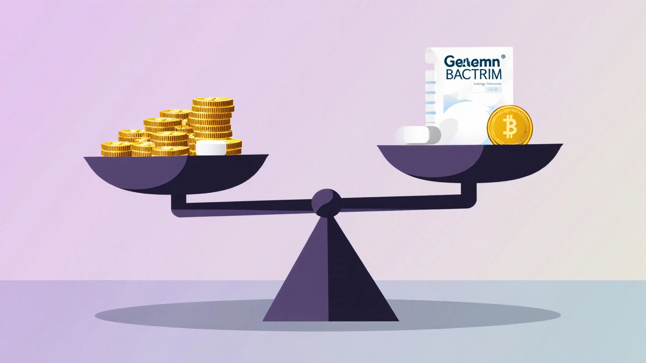Balance scale showing coins and a generic pill outweighing a brand pill, illustrating lower cost.