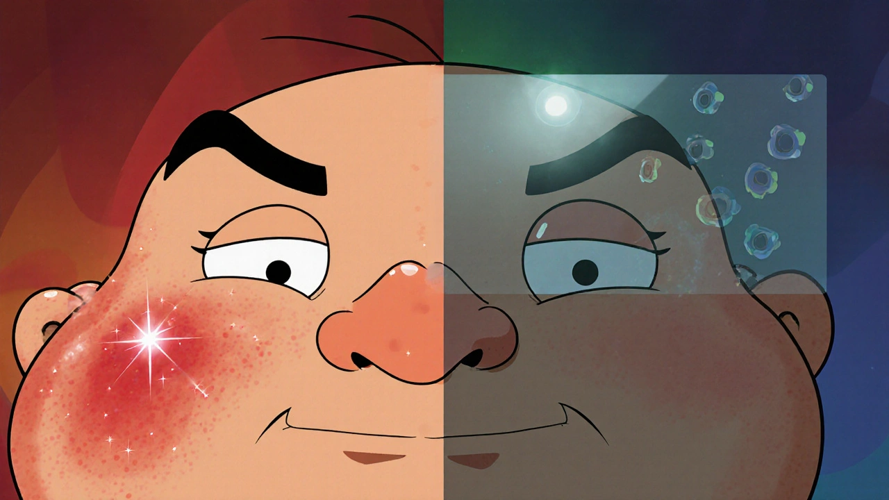 Before‑after cartoon split screen of a face showing reduced puffiness and smoother skin.