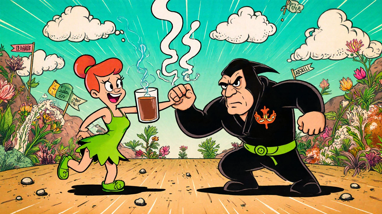 Caffeine and L-theanine defeating Adderall in a playful cartoon nootropic battle.