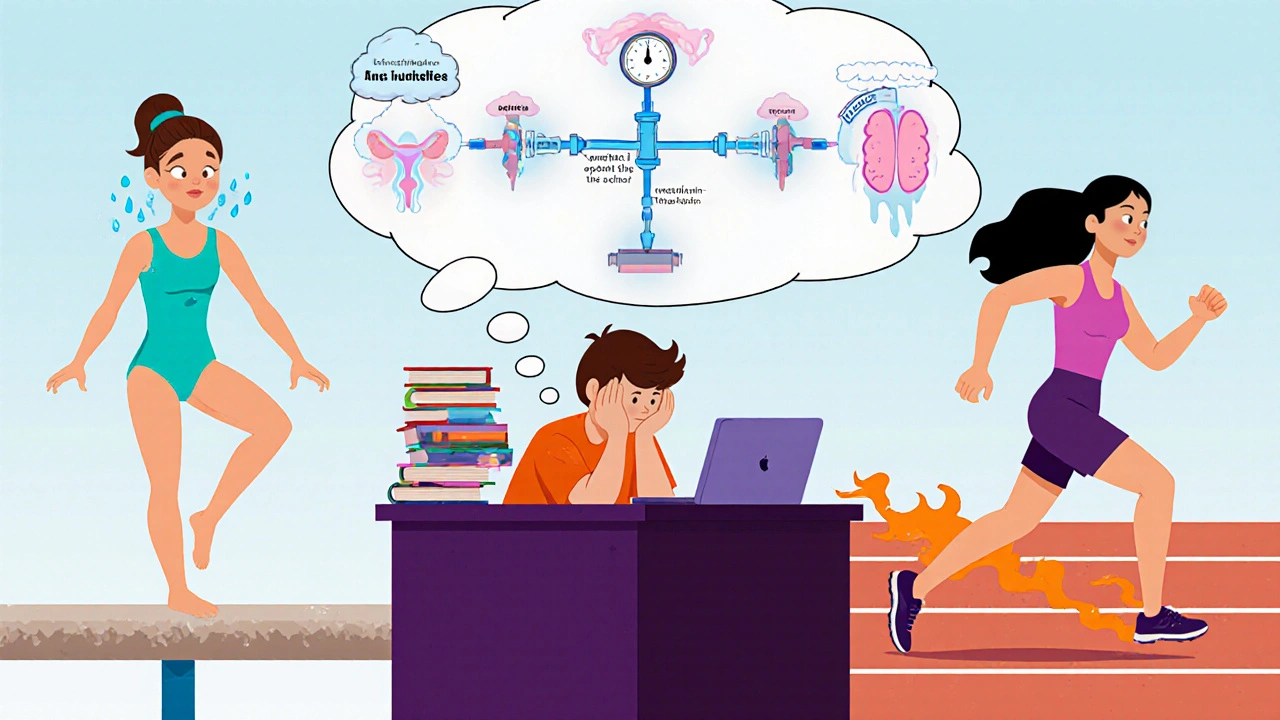 Cartoon collage of a gymnast, stressed student, and runner with a cartoon hormone axis illustration.