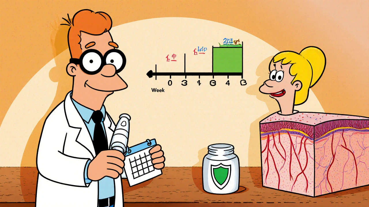 Cartoon dermatologist advising a patient on proper cream use, tapering, and skin barrier health.