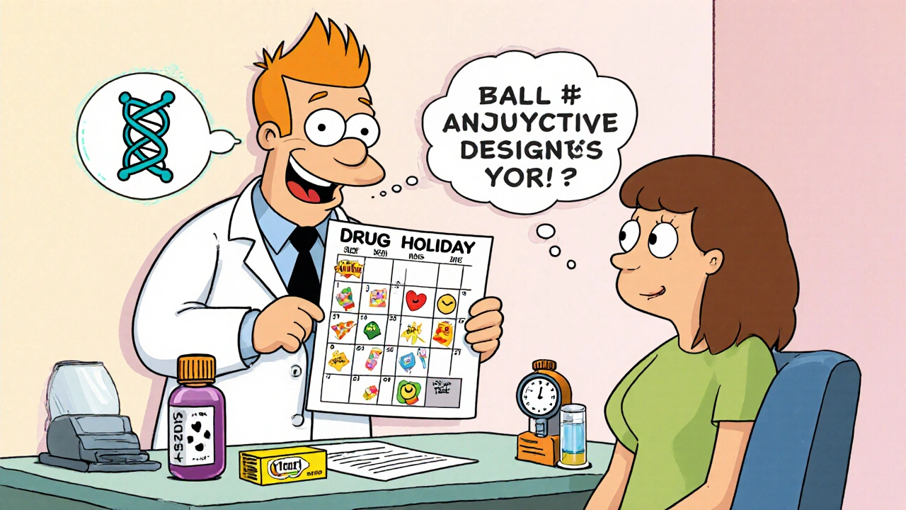Cartoon doctor and patient discussing drug holiday, genetic test, and side‑effect management.
