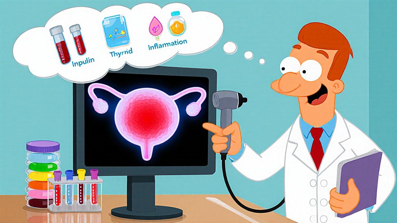 Cartoon doctor shows ultrasound of a thick uterine lining with lab vials nearby.