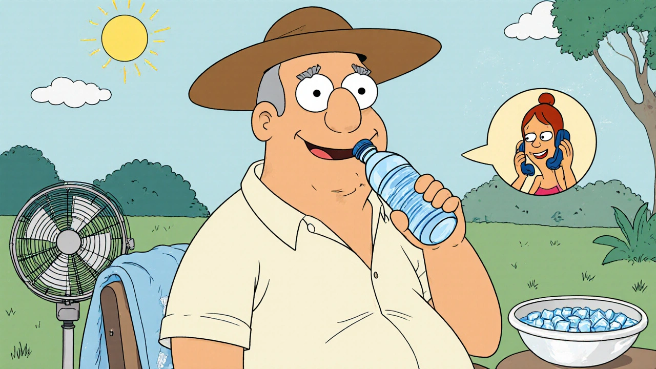 Cartoon person using water, cooling towel, light clothing, and a friend checking in.