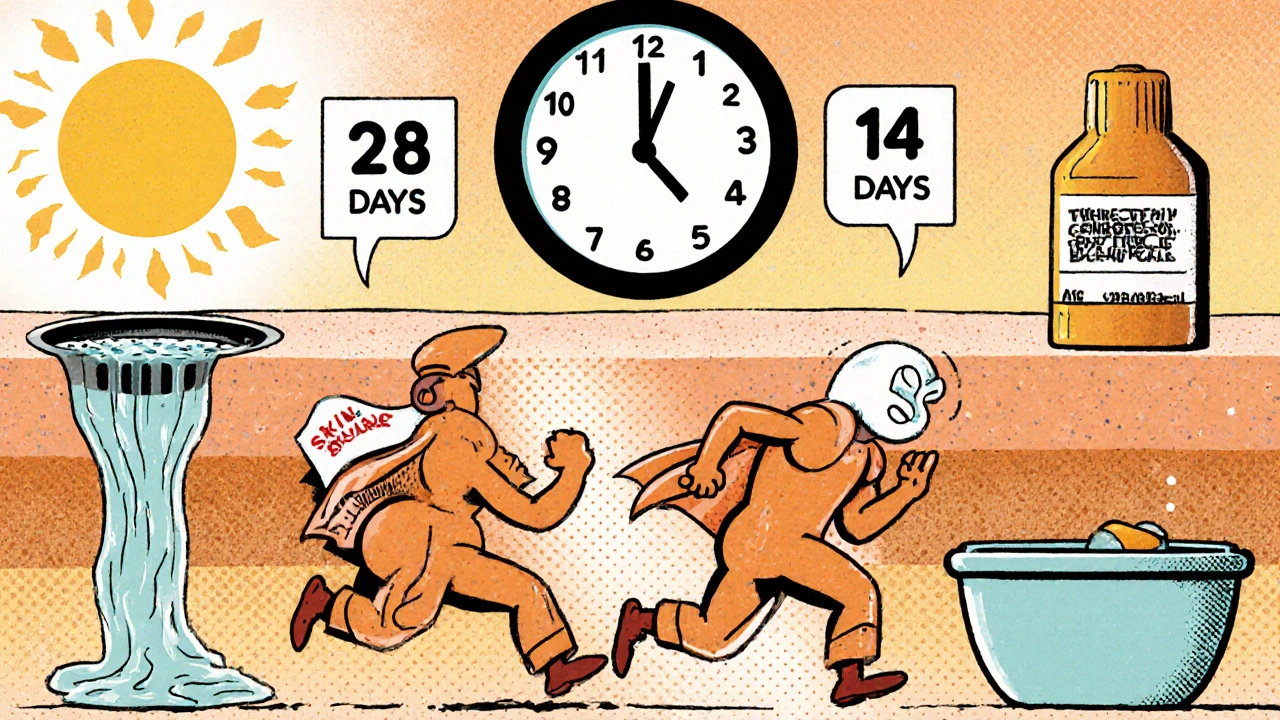 Cartoon skin cells racing faster with tazarotene cape, clogged drain clearing, whimsical style