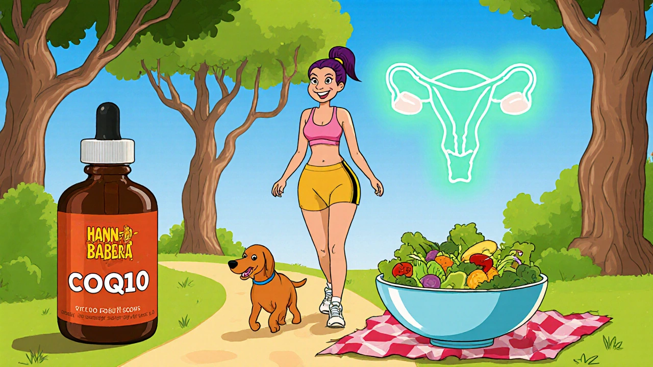 Cartoon woman walks, eats salad, and holds supplements as a healed uterus glows.