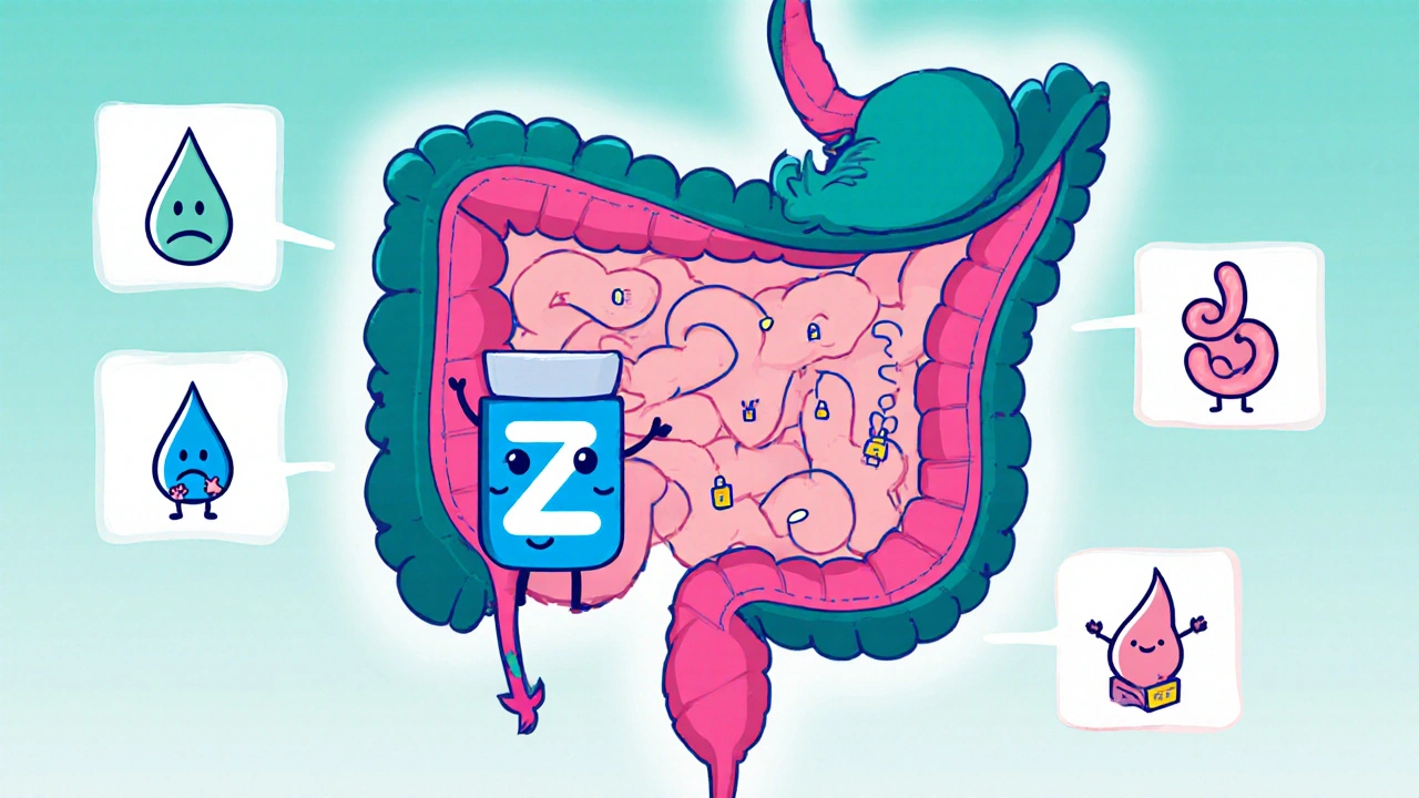 Cross‑section of intestine showing ezetimibe blocking proteins and mild side‑effect icons.
