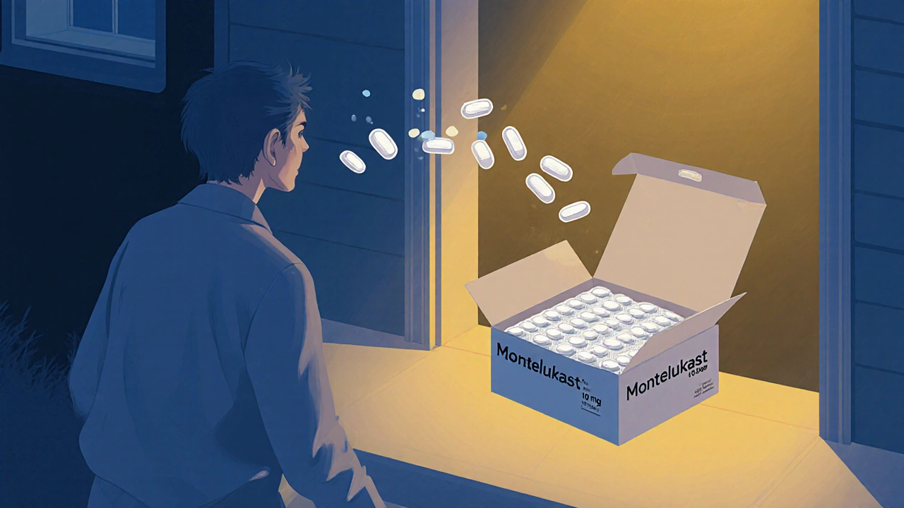 Delivery box opened to reveal generic Singulair tablets with a calm, hopeful atmosphere.