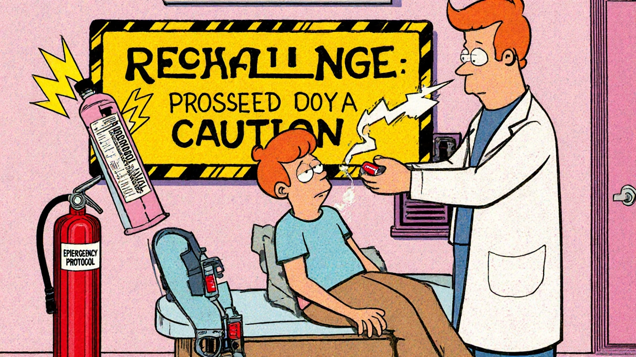 Doctor giving drug back to patient under emergency supervision, cartoon rechallenge scene.