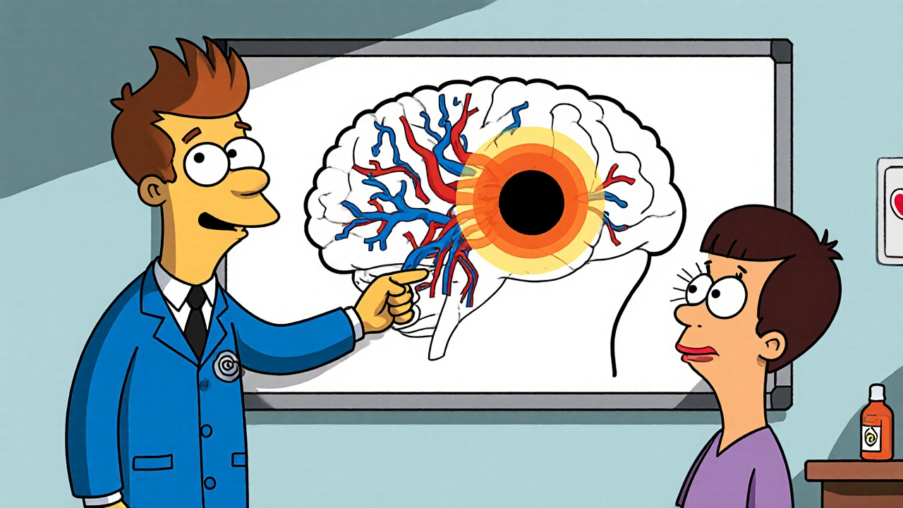 Doctor points to cartoon brain and eye diagram showing blocked blood flow.