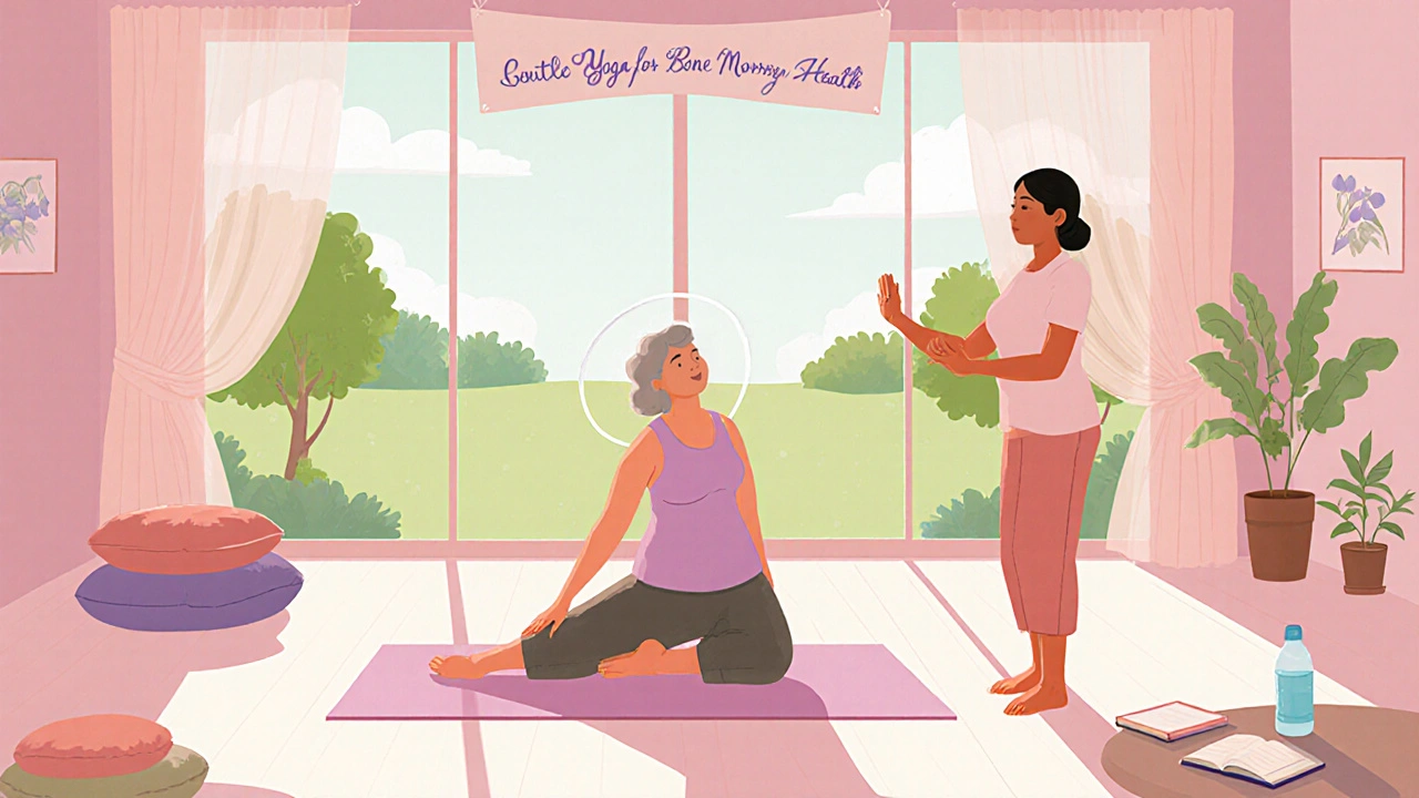 Emma practicing gentle yoga in a studio, guided by an instructor, with soft lighting and supportive atmosphere.