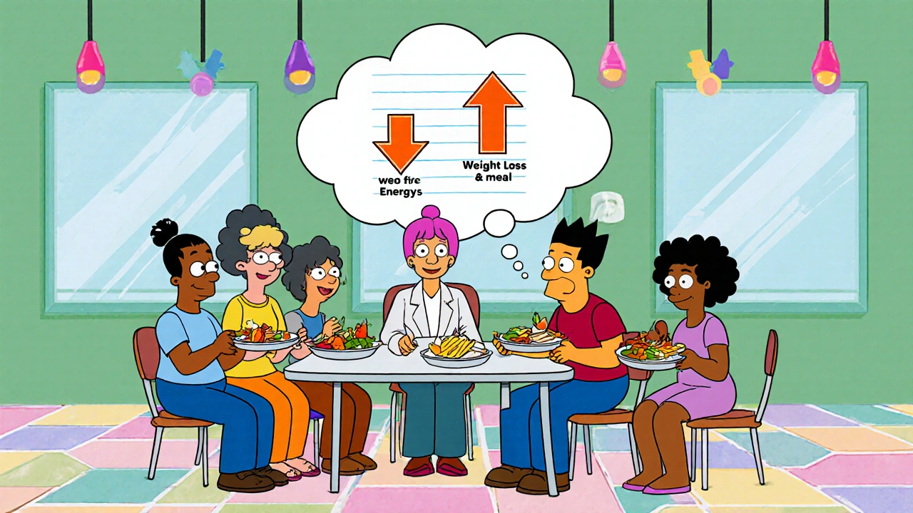 Group of patients and therapist discussing Lurasidone, with food plates and floating chart icons.
