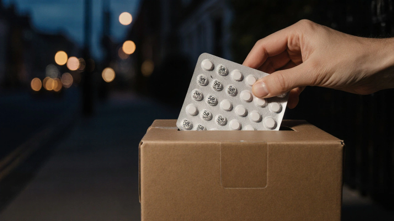 Hand opening a delivery box to reveal a blister pack of generic Zoloft tablets with batch number.
