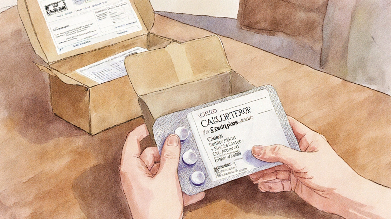 Hands inspecting a delivered generic Celebrex pack, checking label details.
