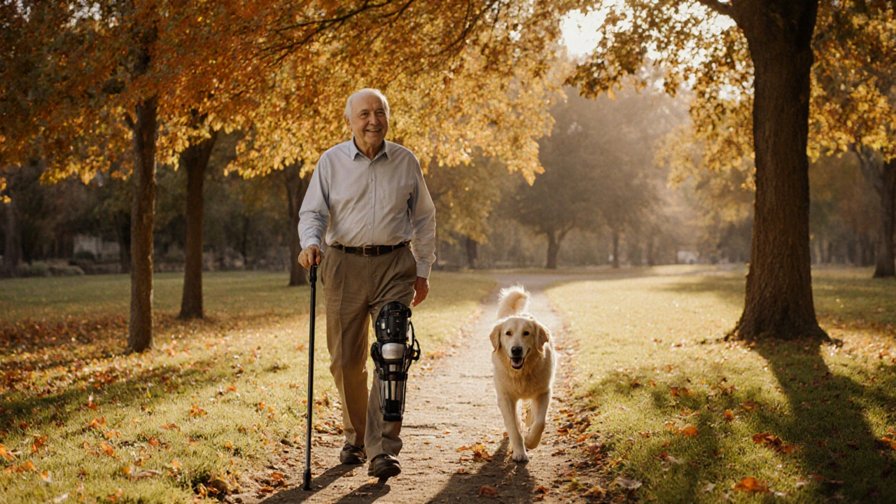 Happy senior walking a dog with a quad cane in a park.
