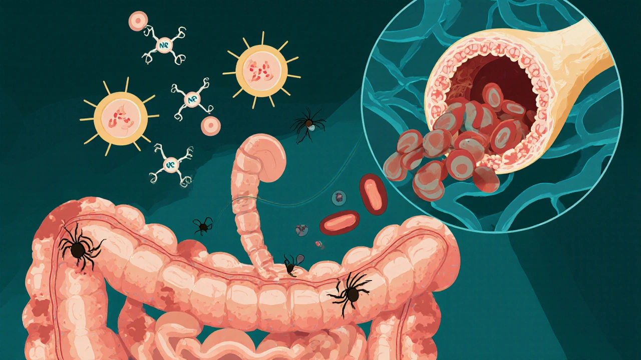 Illustration of gut malabsorption, NRTI interference, and oversized red cells in blood.