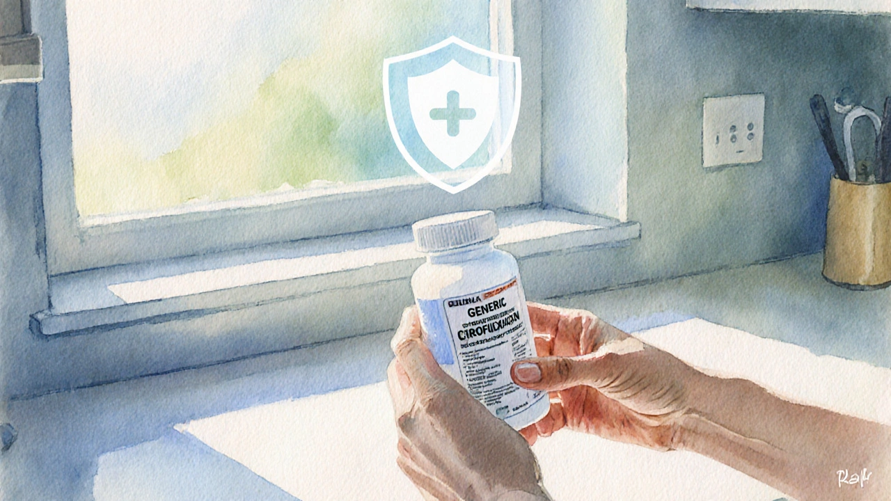 Individual inspecting a delivered ciprofloxacin bottle at home, sunlight highlighting the label.