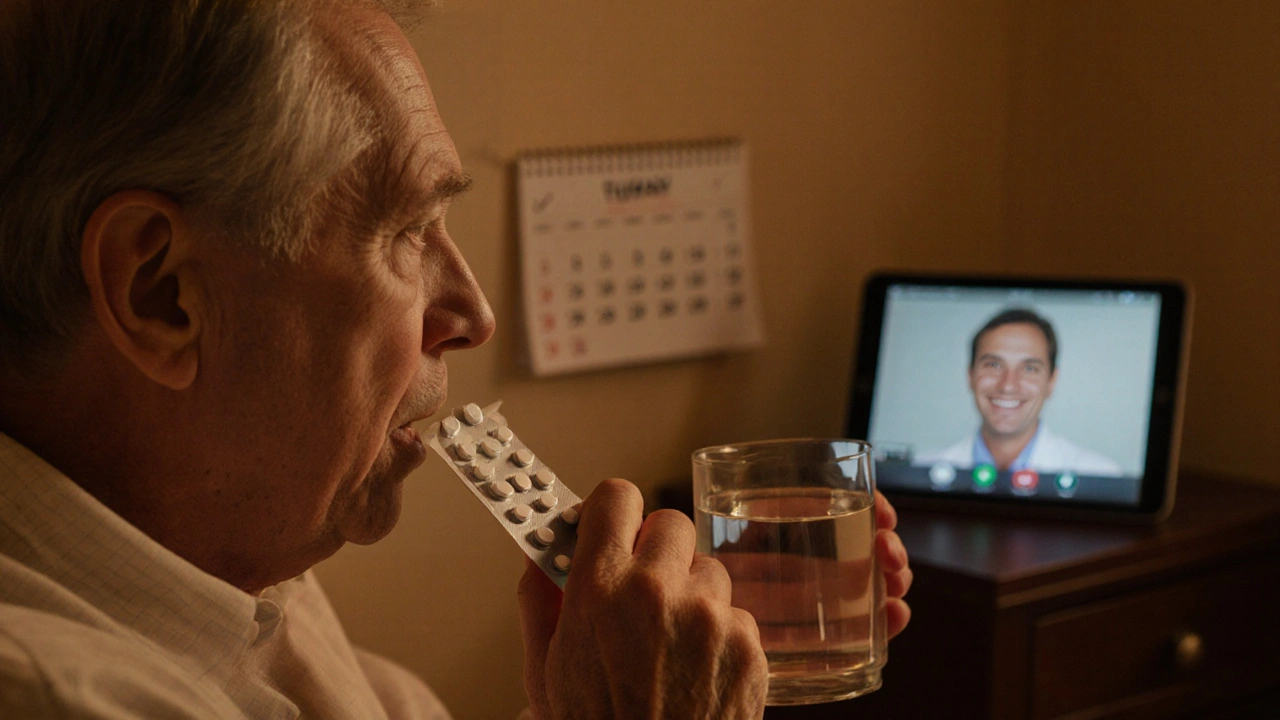 Individual taking a generic Bactrim tablet at home with a calendar and telehealth call in background.