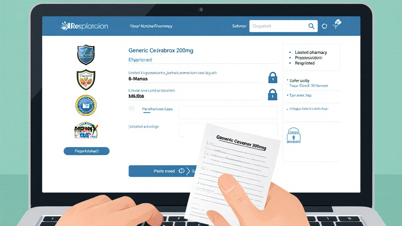 Laptop screen showing online pharmacy checkout with safety icons and a prescription.