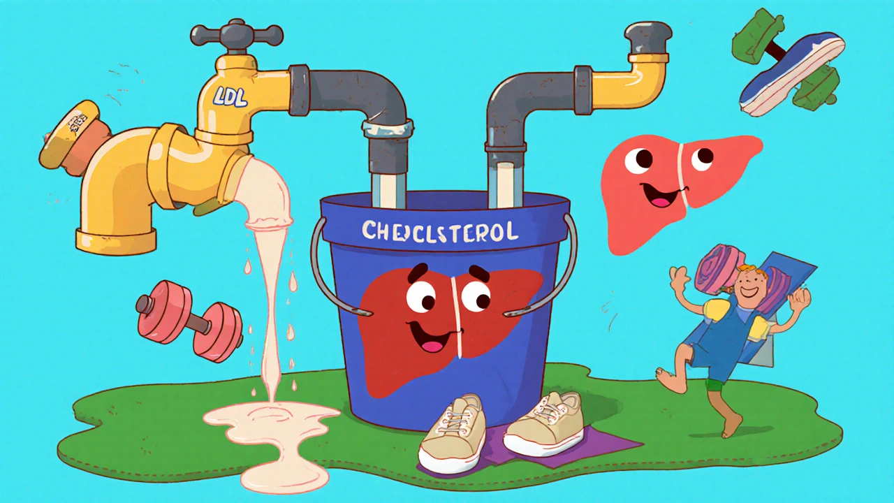 Leaky bucket with ezetimibe turning off a tap and exercise opening a drain, in whimsical cartoon style.