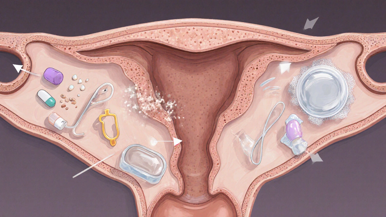 Medical illustration of various contraceptives near female reproductive organs.