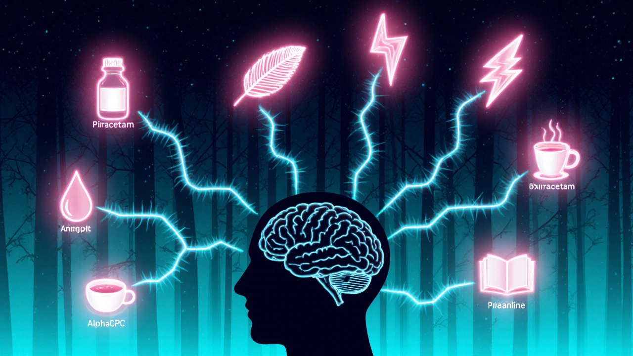 Neural tree diagram with branches ending in icons for different cognitive enhancers.