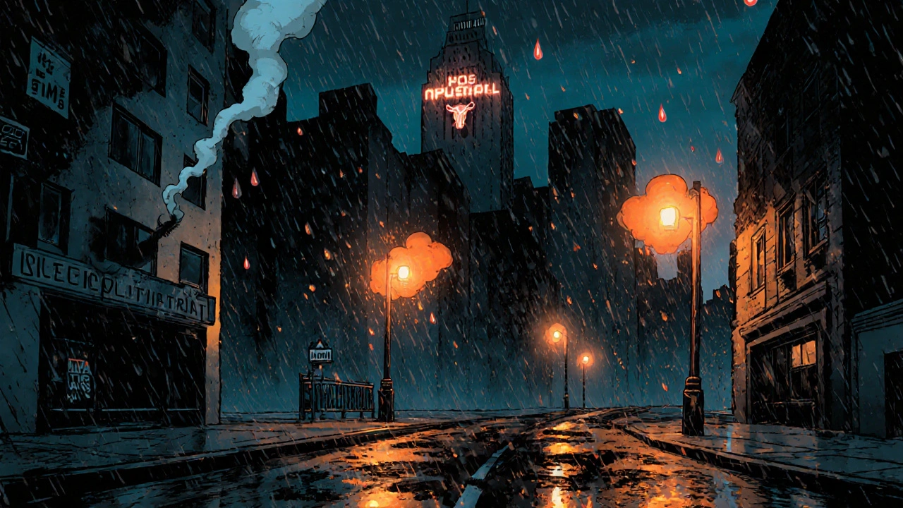 Noir cityscape of endocrine glands showing cortisol clouds and cytokine rain.