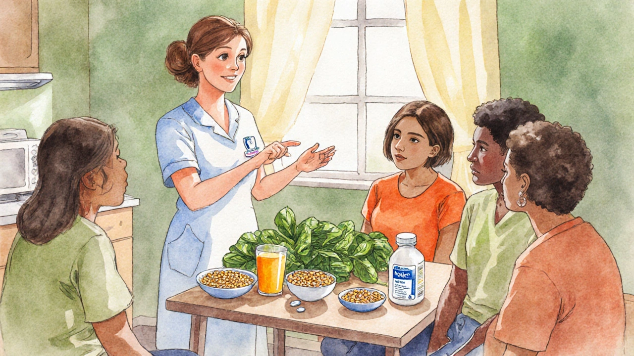 Nurse teaching patients about folate‑rich foods and low‑dose supplement in a warm kitchen.