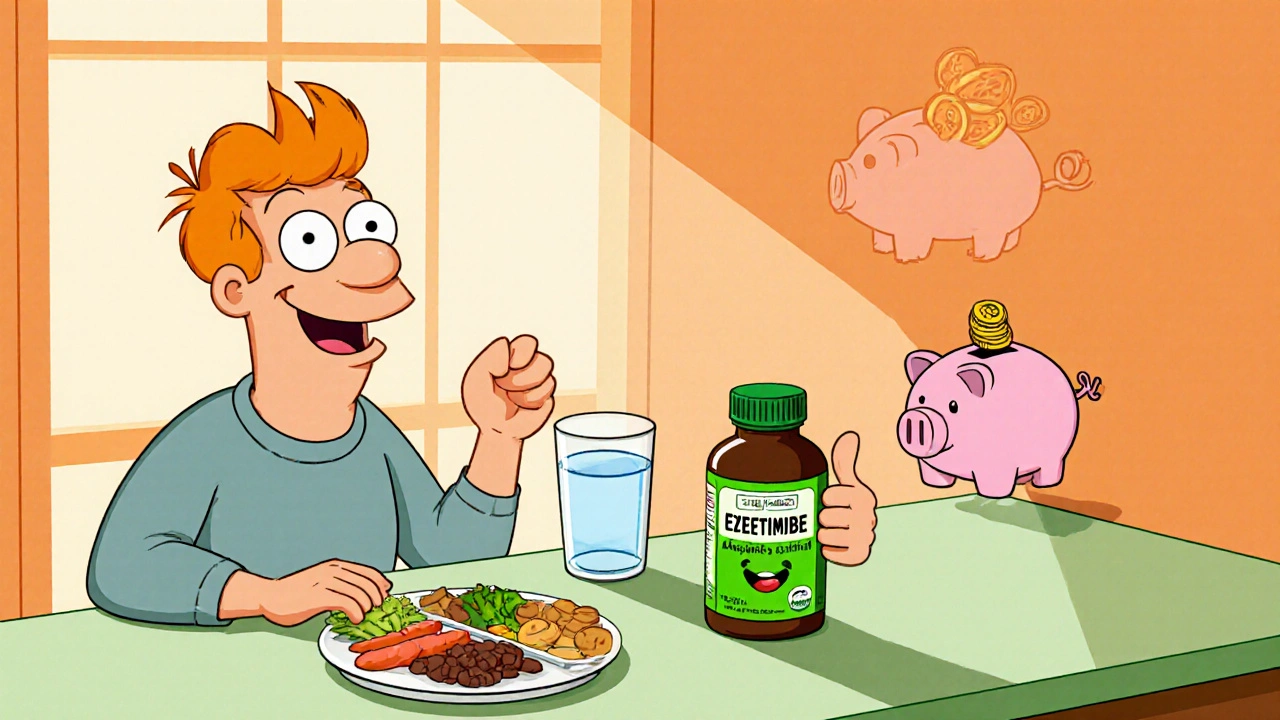 Patient drinking water, eating a meal, with probiotic bottle and piggy bank in kitchen.