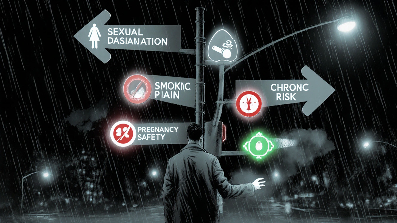 Rainy city crossroads with neon signs showing factors for selecting an antidepressant.