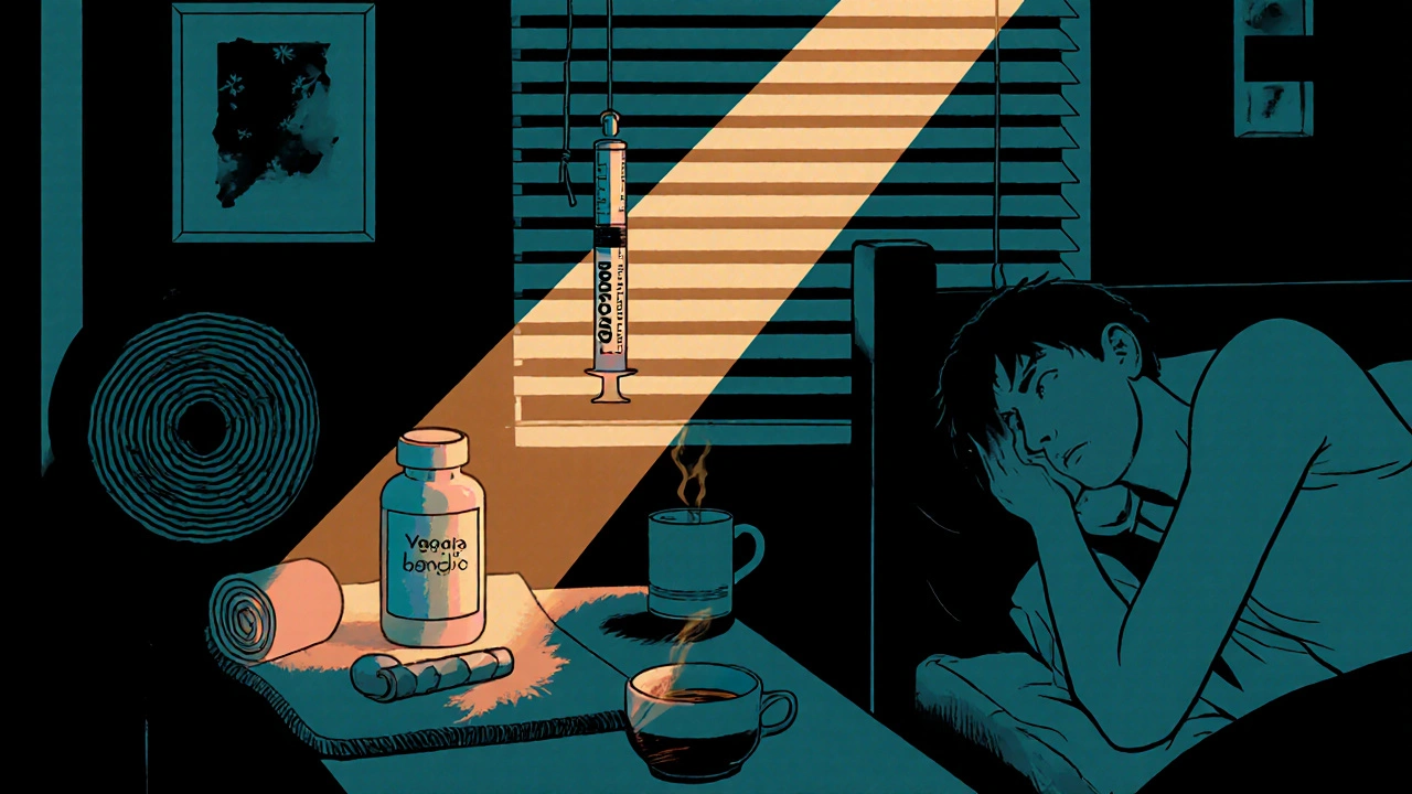 Recovery scene with antiviral pills, vaccine, and wellness items in a dim apartment.
