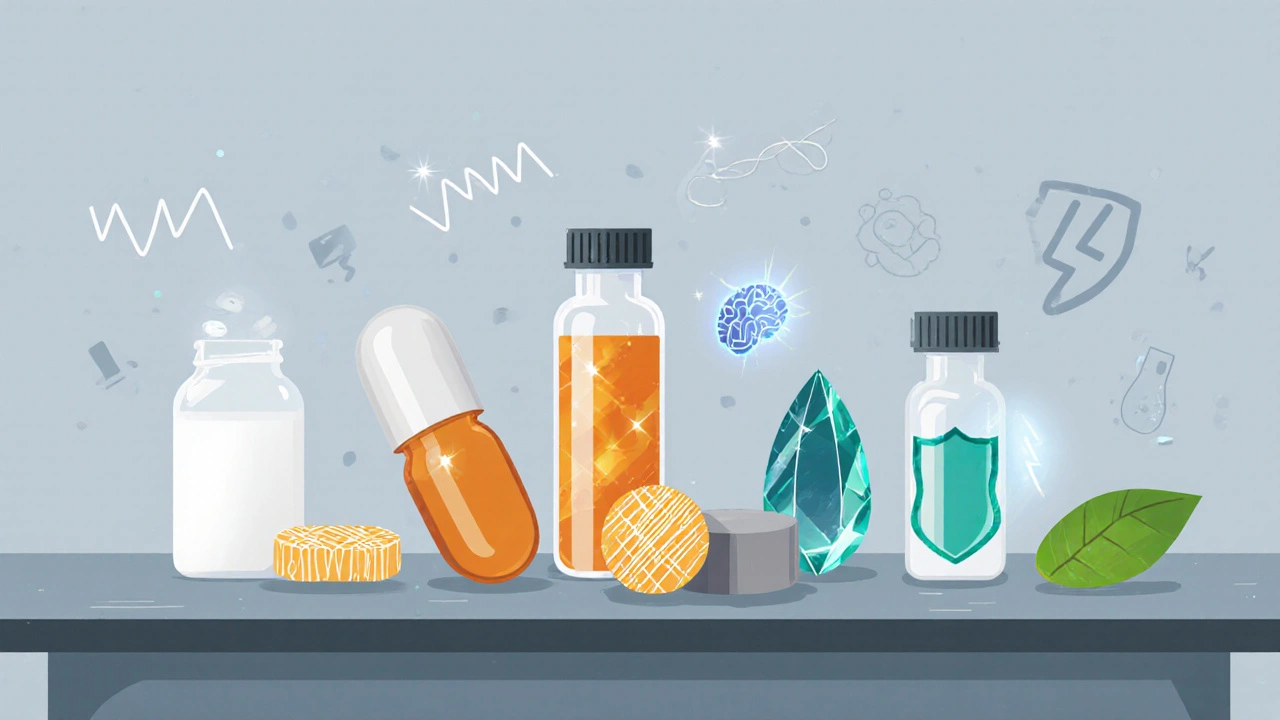 Row of colorful nootropic capsules and symbols illustrating their effects on a lab bench.