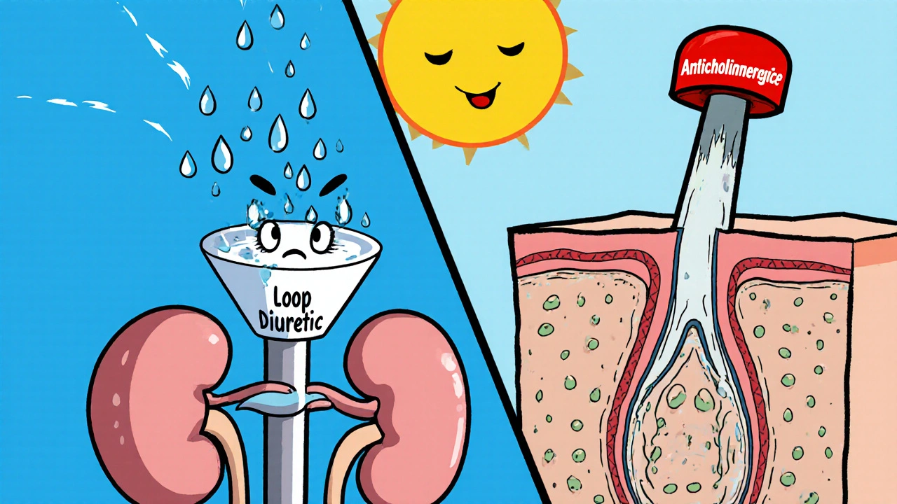 Split cartoon showing kidney losing fluid and blocked sweat glands.