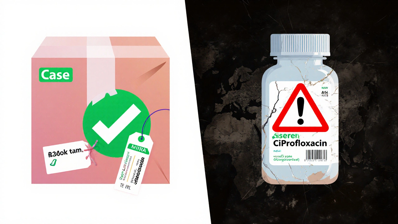 Split illustration comparing a safe pharmacy package with a warning‑marked cheap counterfeit bottle.