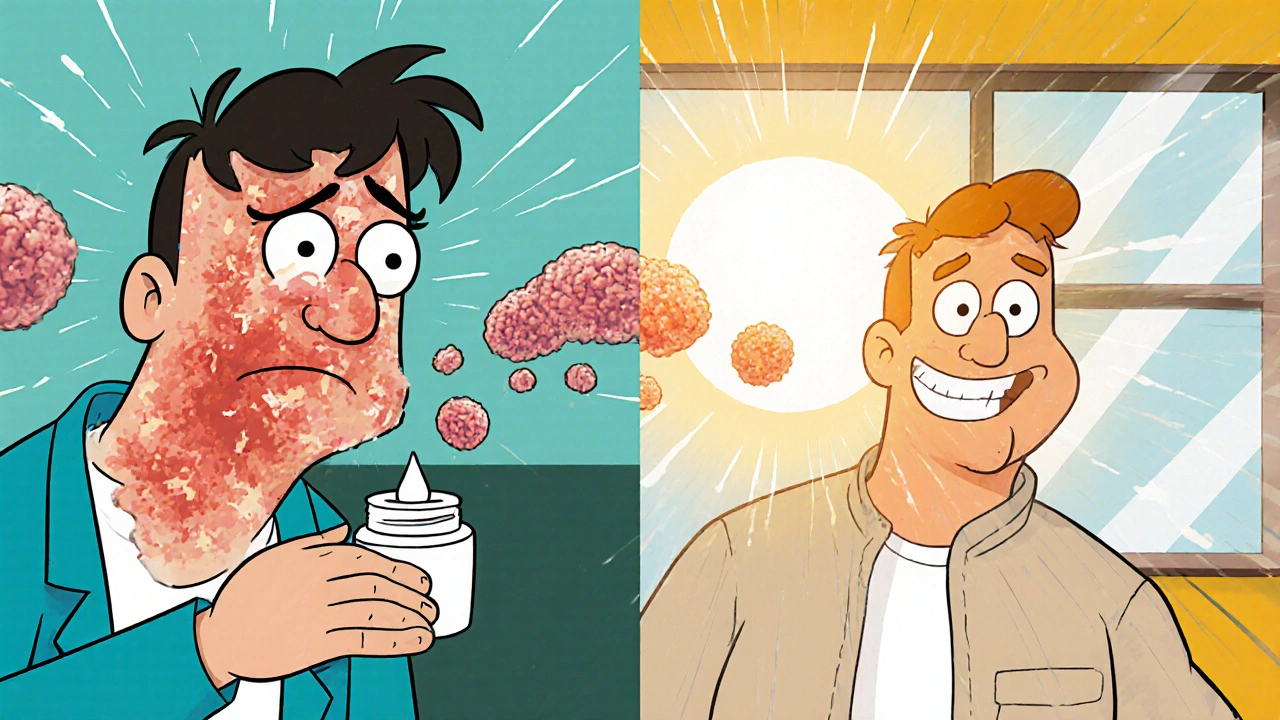 Split image: irritated skin transforming into clear skin over 16 weeks, Hanna-Barbera style