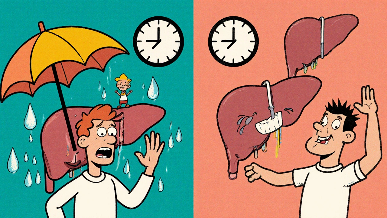 Split scene comparing adrafinil's strained liver to modafinil's happy liver in retro cartoon style.
