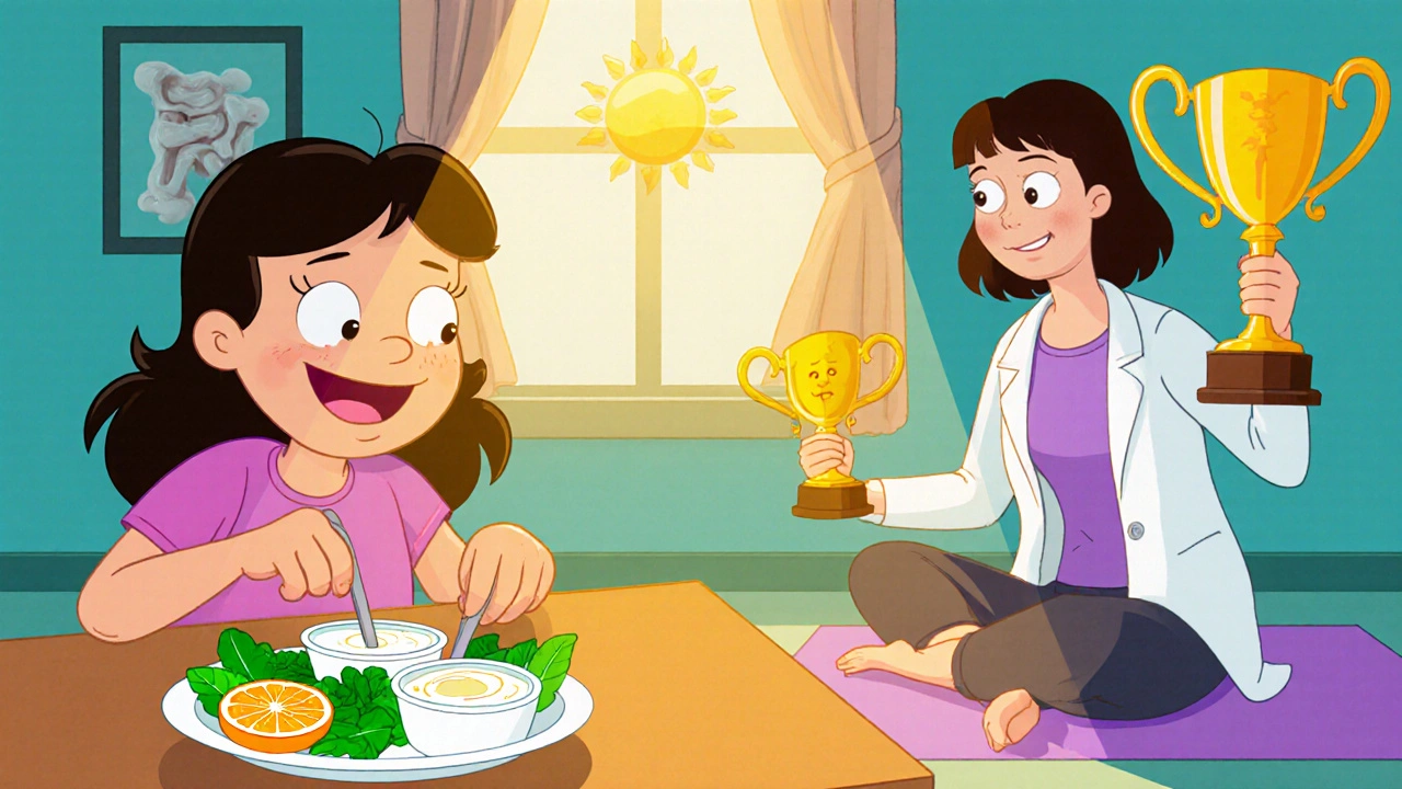 Teen preparing healthy food, doing yoga, and a doctor showing a bone trophy in a sunny kitchen.