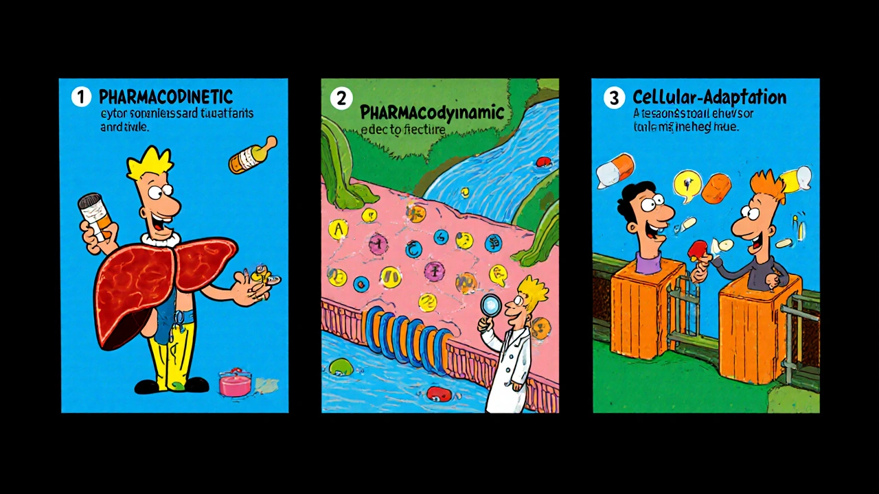 Three cartoon panels showing liver enzymes, brain receptors, and ion channel changes for tolerance mechanisms.