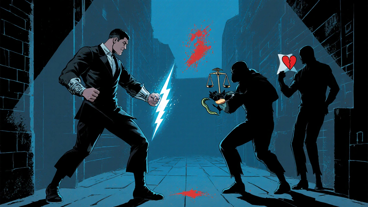 Wellbutrin hero faces off against three shadowy SSRI opponents, each holding symbolic icons.