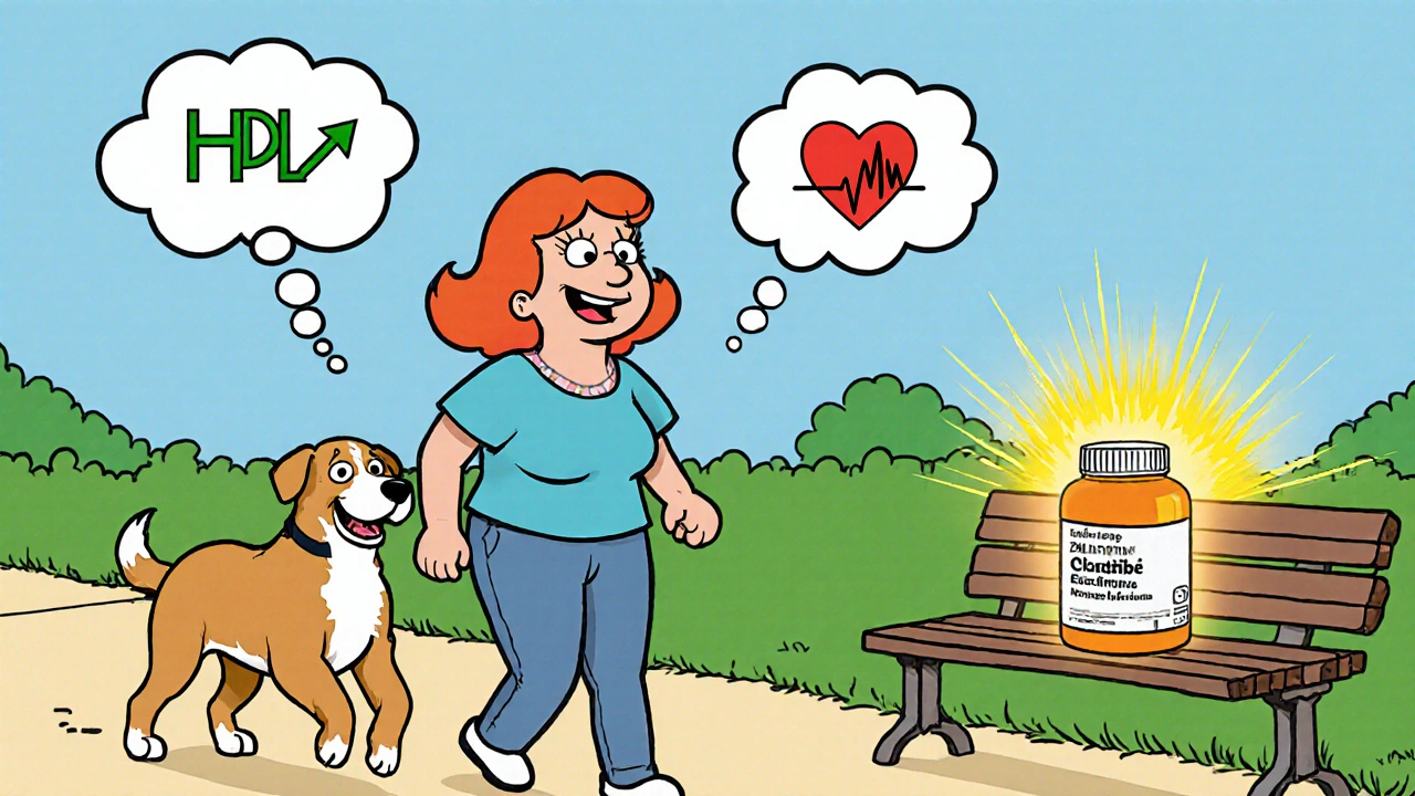 Woman walking her dog with floating health icons, in classic Hanna-Barbera cartoon style.