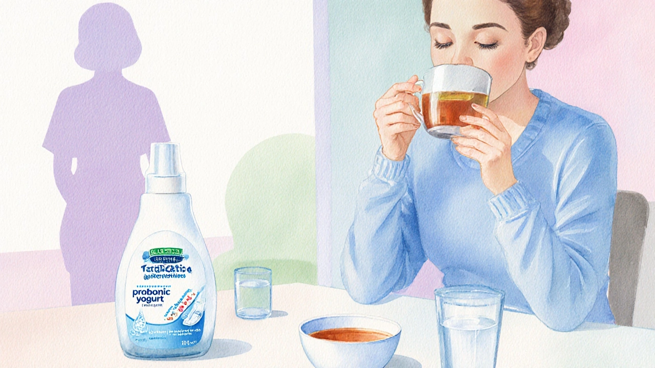 Woman with probiotic foods and lubricant consulting a clinician in a calm setting.