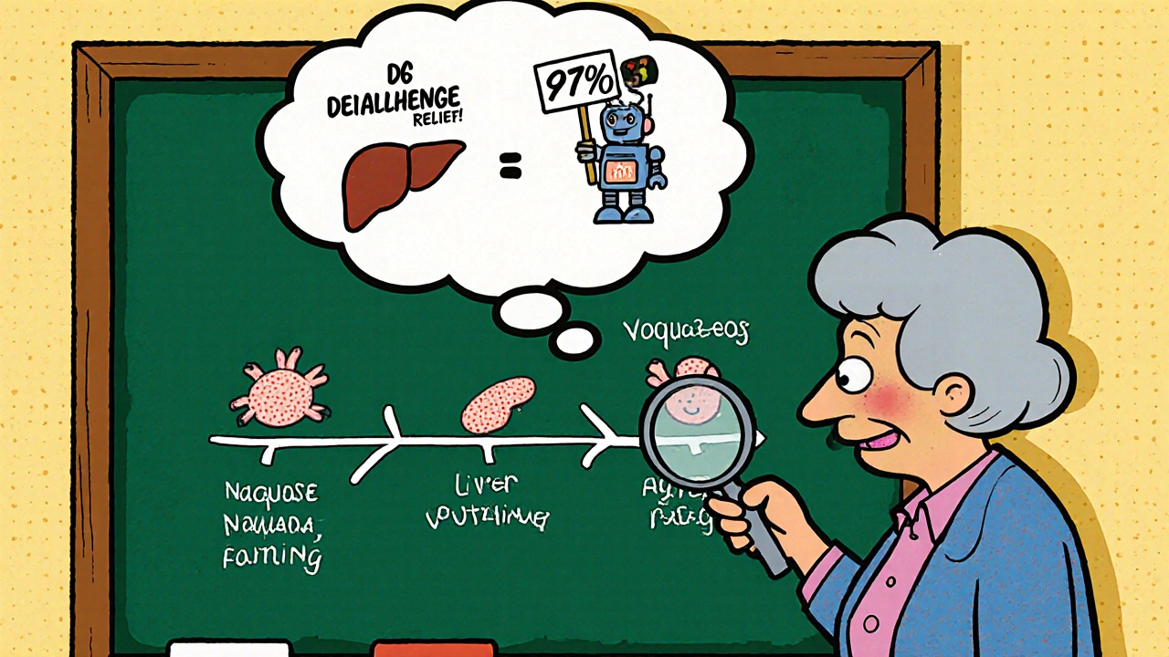 Woman with timeline showing drug reaction and dechallenge relief in Hanna-Barbera style.