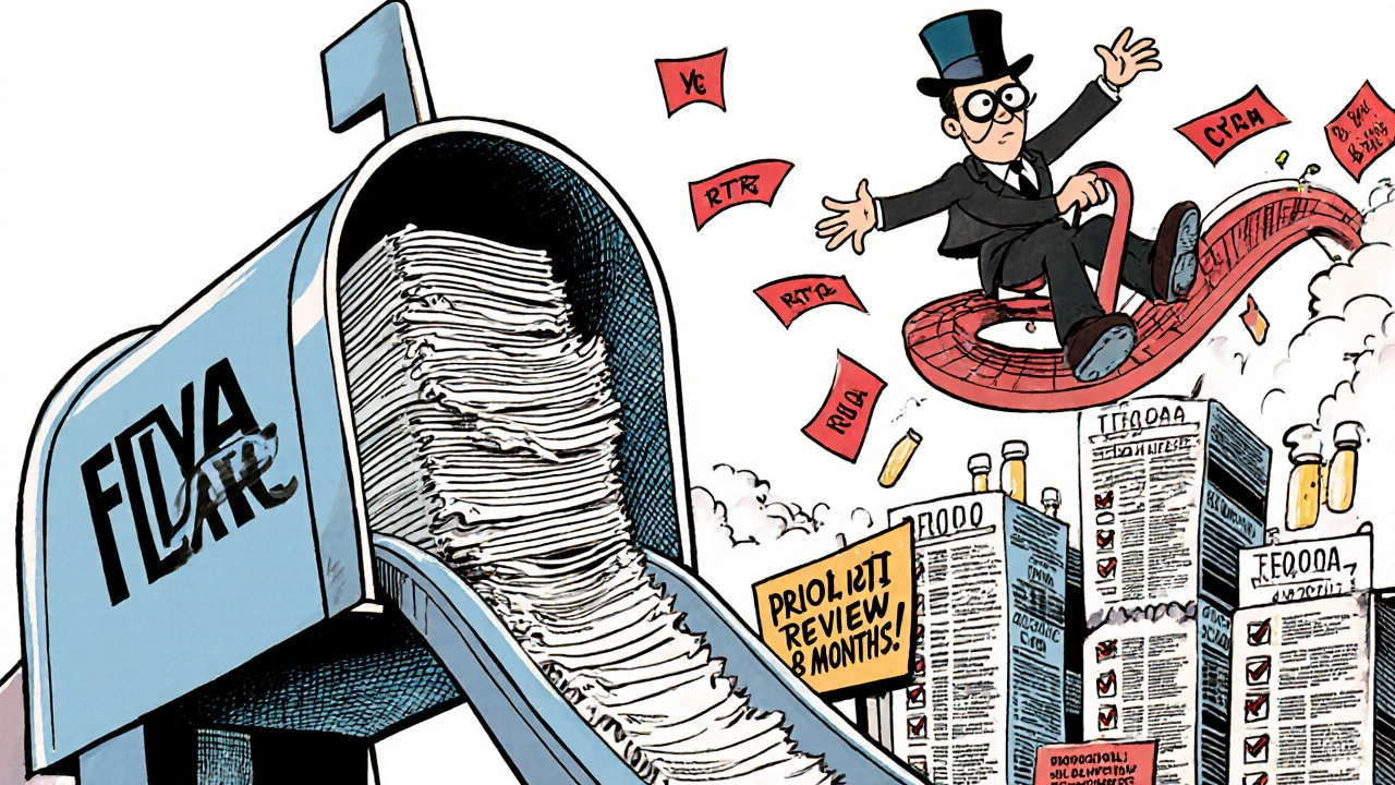 A giant ANDA dossier slides into an FDA mailbox while an inspector rides a compliance rollercoaster.