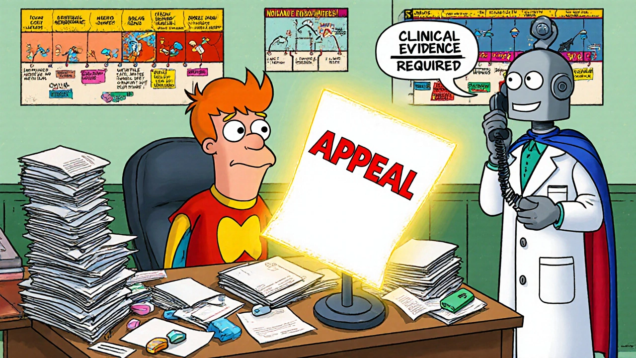 A patient at a desk with medical records and a glowing appeal letter, while a doctor talks to a robot insurer.