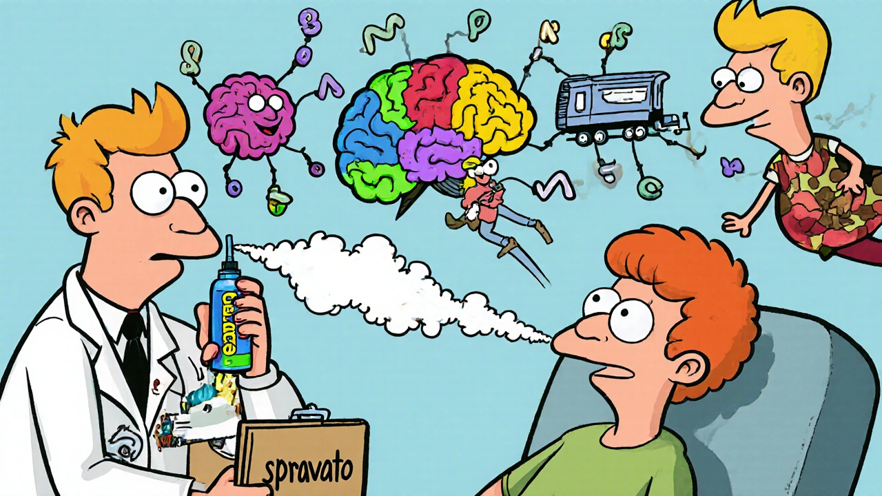 A patient using a nasal spray as brain cells connect, with a floating version of themselves showing dissociation effects.