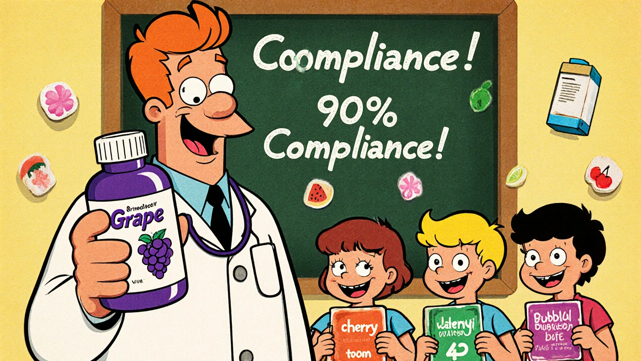 A pharmacist offering colorful flavor choices to smiling children in a retro pharmacy setting.