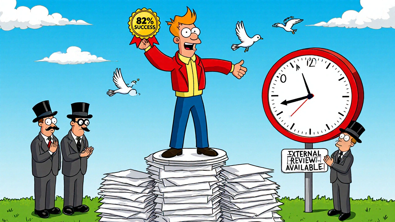 A victorious patient on a podium of documents with a golden success badge, cartoon insurers bowing in defeat.